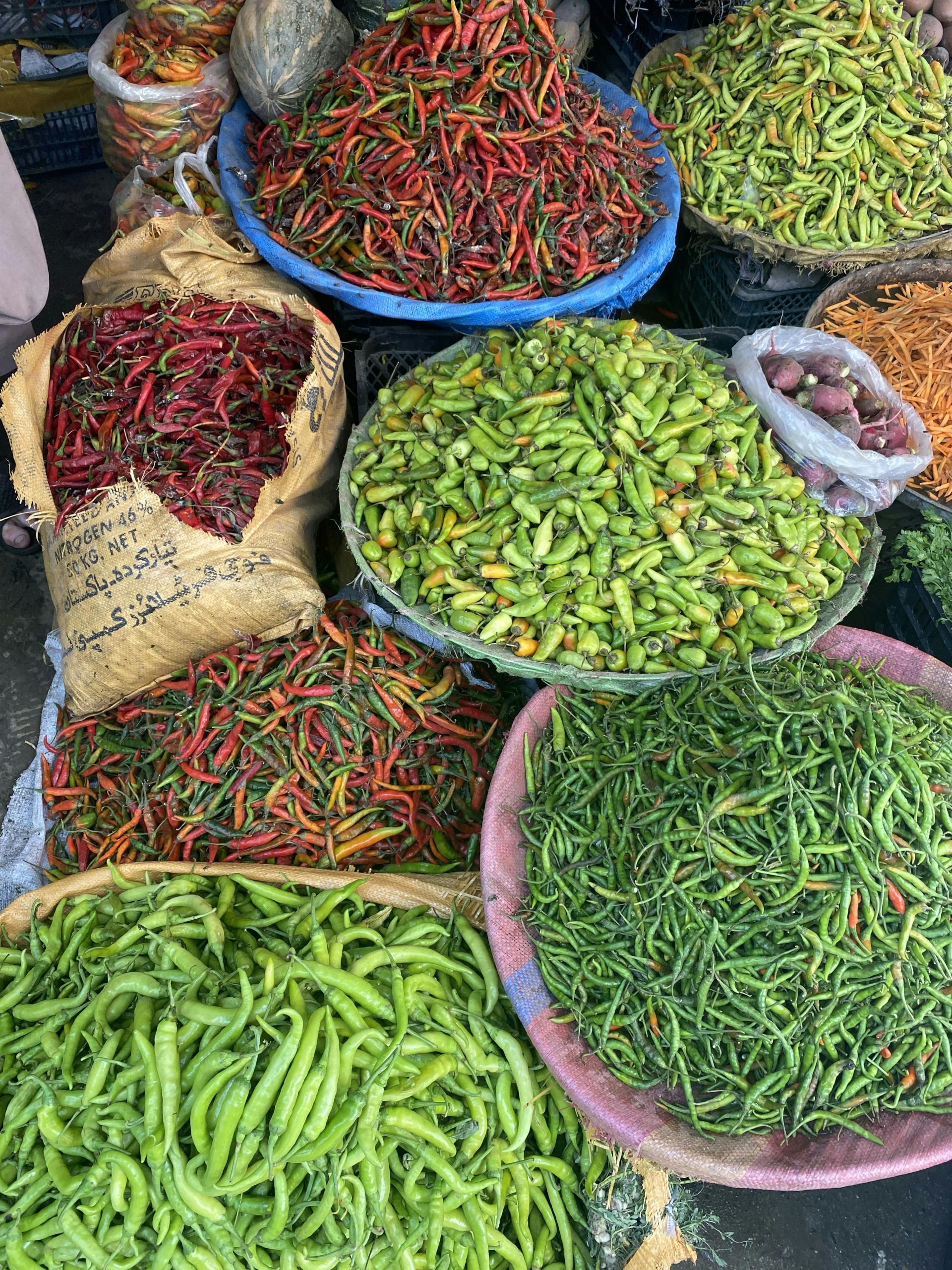 Colorful assortment of fresh chili peppers at a vibrant outdoor market.